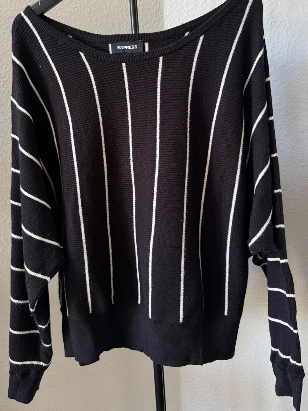 Express Black Off-the-Shoulder Sweater with White Stripes